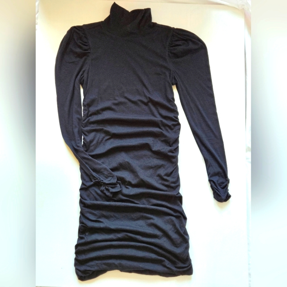 Black Turtleneck Long Sleeve Ruched Women's Dress